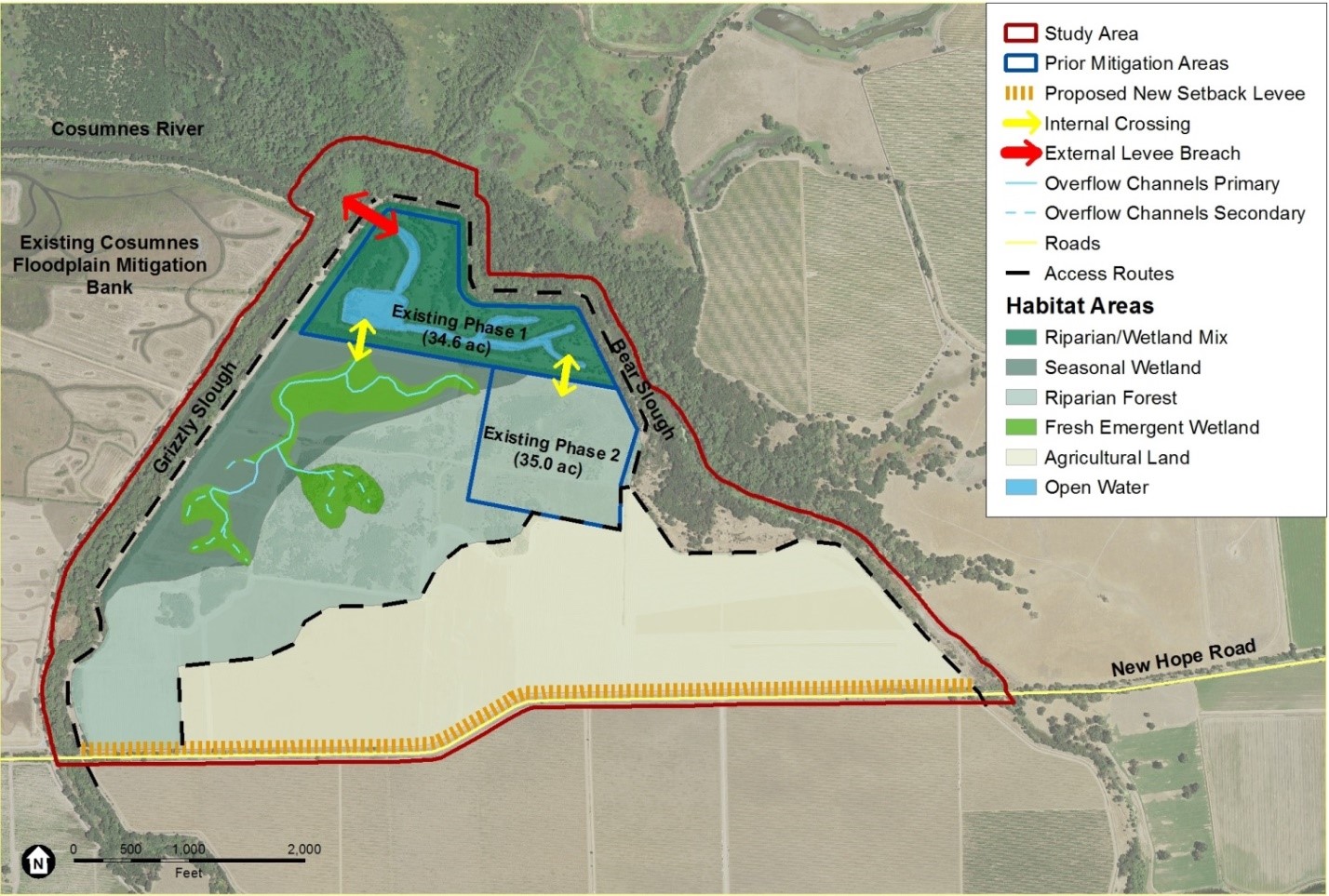 Map showing the habitat areas and the proposed changes to the levee the McCormack-Williamson Tract Levee Modification and Habitat Enhancement Project near Walnut Grove, California. For more information, contact the program manager, Anitra Pawley, by email at anitra.pawley@water.ca.gov.