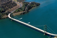 An aerial view shows high water conditions at the Bidwell Bar Bridge located at Lake Oroville in Butte County, California. Photo taken May 9, 2024.