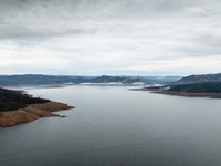 A drone view of water levels near the Oroville Dam at Lake Oroville, in Butte County, California. Photo taken December 20, 2024.