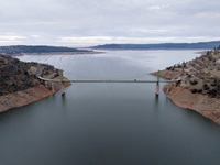 A drone view of water levels at Bidwell Bar Bridge at Lake Oroville in Butte County, California.