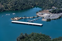 An aerial view shows high water conditions at Lime Saddle Marina at Lake Oroville in Butte County, California.