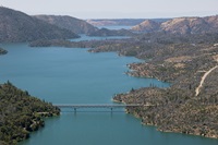 An aerial view shows high water conditions at Enterprise Bridge located at Lake Oroville in Butte County, California. Photo taken May 20, 2025.