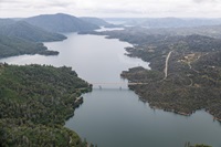 An aerial view shows high water conditions at Enterprise Bridge located at Lake Oroville in Butte County, California. Photo taken May 6, 2025.