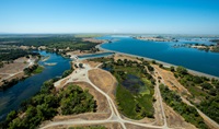 An aerial view of Thermalito Afterbay, Afterbay Dam and the River Outlet Headworks that connects to the Feather River in Butte County, California. Photo taken September 5, 2014.