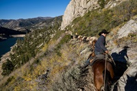 A Kennedy Meadows’ packer leads the California Department of Water Resources’ Division of Flood Management, and GEI Environmental and Architectural Historian out after renovating a dilapidated snow pillow weather station with a new Hinge Fold Tilt-Pole which will work with the Horse Meadow snow pillow station to transmit snowpack data to the statewide monitoring network. Photo taken October 10, 2025.