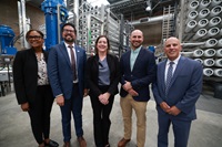 (Left to right) State Water Resources Control Board Member Nichole Morgan, State Water Resources Control Board Chairman E. Joaquin Esquivel, California Department of Water Resources Director Karla Nemeth, DWR Deputy Director of Statewide Water Resources Planning and Enterprise Project Management Joel Metzger and Antioch Mayor Ron Bernal are photographed at the ribbon cutting ceremony for the City of Antioch’s Brackish Water Desalination Plant, a new facility that uses energy-efficient, low-waste technology to treat Delta brackish water.