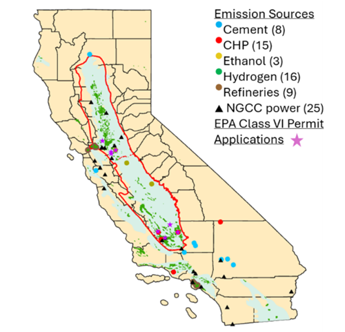 Map of California displaying carbon emission sources, including cement, CHP, ethanol, hydrogen, refineries, and NGCC power facilities, concentrated largely in the Central Valley, alongside locations of EPA Class VI permit applications marked with purple stars.