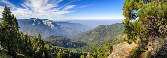 Panoramic view of forested Sierra Nevada mountains with distant peaks, rocky slopes, and a bright blue sky with scattered clouds.