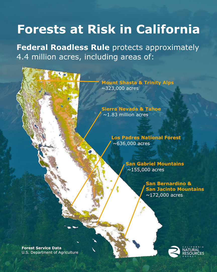 Graphic titled “Forests at Risk in California” showing a map of California and areas protected by the Federal Roadless Rule, including Mount Shasta and the Trinity Alps, Sierra Nevada and Tahoe, Los Padres National Forest, San Gabriel Mountains, and the San Bernardino and San Jacinto Mountains.