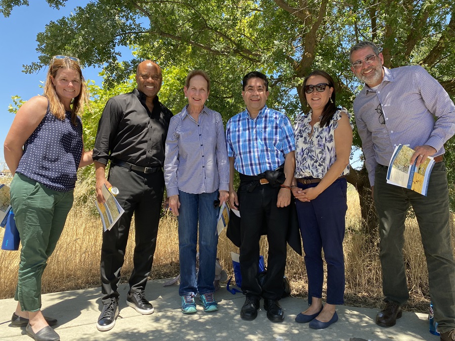 From left, California Water Commission Vice-chair Kim Gallagher, Commissioner Ty Bland, Commission Chair Fern Steiner, Commissioner Jose Solorio, Commissioner Sandi Matsumoto, and Commissioner Alex Makler at the Stones Lake National Wildlife Refuge in Elk Grove, Calif. 
