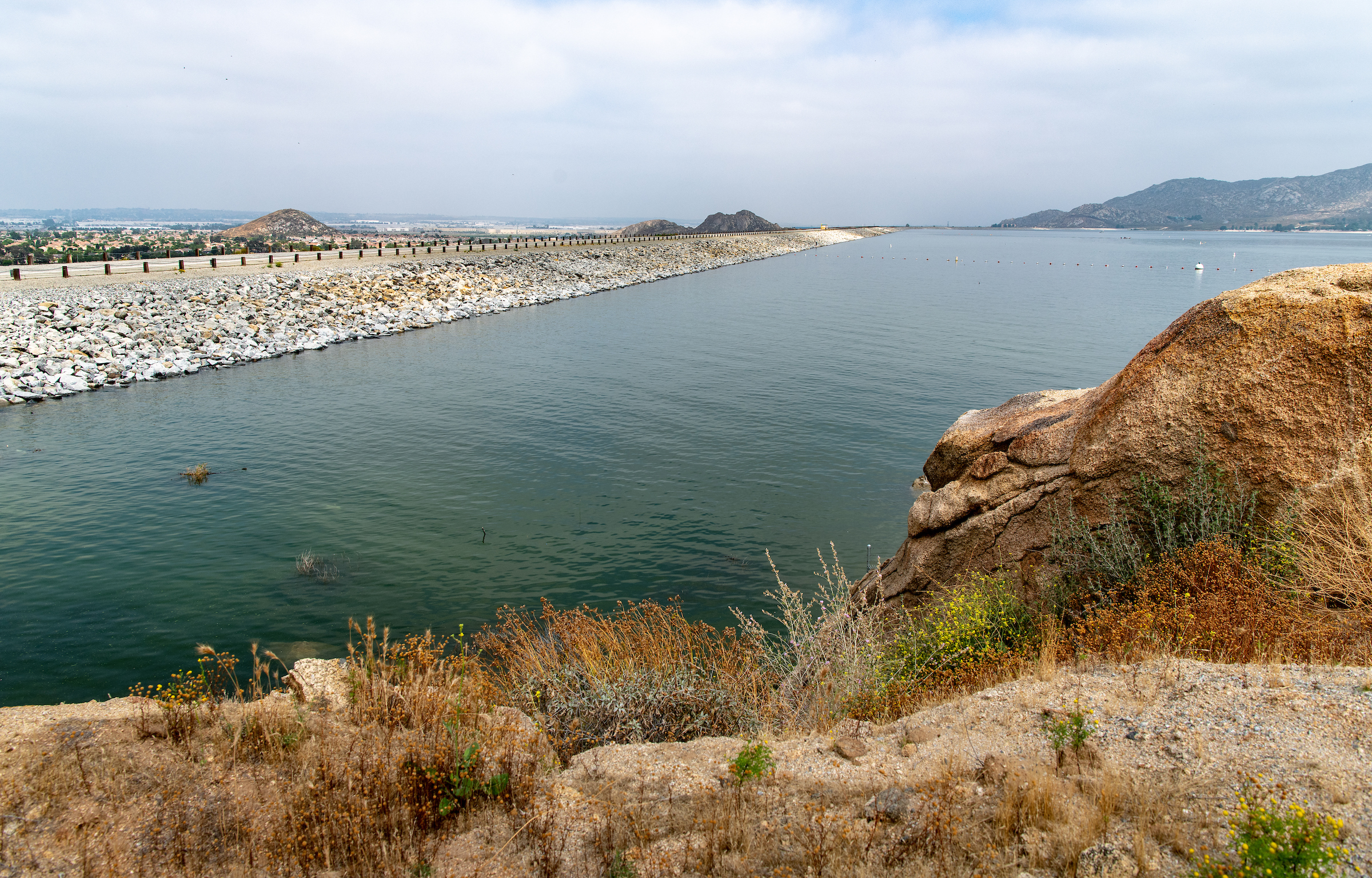 On June 1, 2019, the water level at Lake Perris was 1585.76 feet with a reservoir storage of 121,745 acre-feet. The artificial lake is the southern terminus of the California State Water Project, located in Riverside County. Photo taken June 1, 2019.