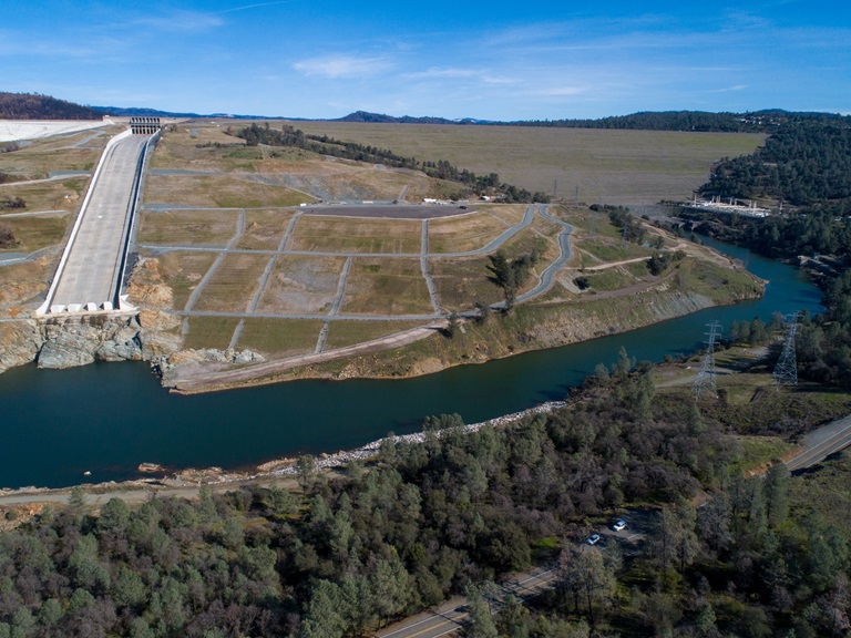 A drone view shows the Oroville spillway and Oroville Dam in Butte County, California. Photo taken February 4, 2021