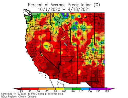 Map showing percent of average precipitation from October 1, 2020 to April 18, 2021.