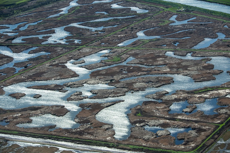 Aerial view of wetlands on Sherman Island in part of the Sacramento-San Joaquin River Delta in Sacramento County, California.