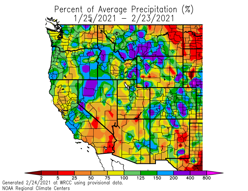 Percent of Average Precipitation from Western Regional Climate Center