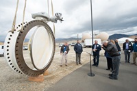 A butterfly valve is on display during a celebration of the East Branch Extension project at Citrus Reservoir and Citrus Pump Station, located in Mentone, California.