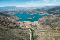 Aerial photo of Pyramid Lake and Dam.