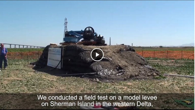 A model levee on Sherman Island being tested with an MK-15 eccentric mass shaker as part of a 2019 UCLA study into seismic risk in the Sacramento-San Joaquin Delta.