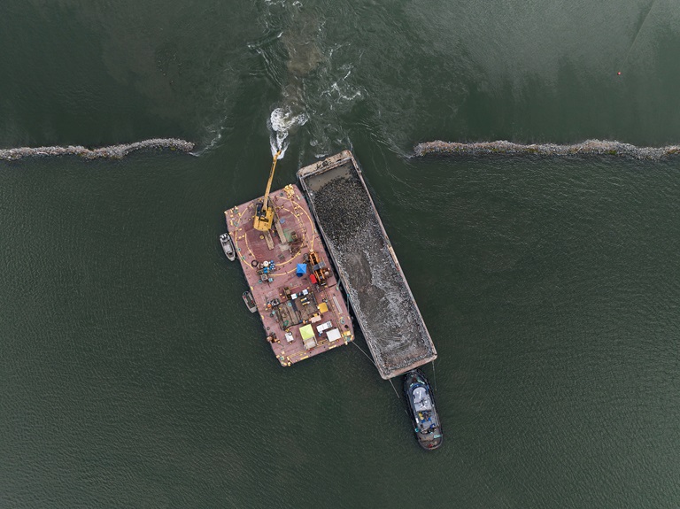 This aerial photograph captured via drone shows construction crews working on removing this Emergency Drought Salinity Barrier on the West False River near Oakley in the Sacramento-San Joaquin Delta in Contra Costa County. The rock barrier was placed to help deter the tidal incursion of saltwater from San Francisco Bay into the central Delta. Photo taken November 2, 2022.