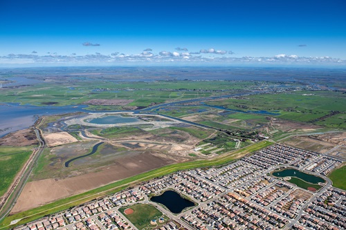 Aerial view looking north of the Dutch Slough Tidal Marsh Restoration Project the construction site, in the Sacramento-San Joaquin Delta near Oakley, California.