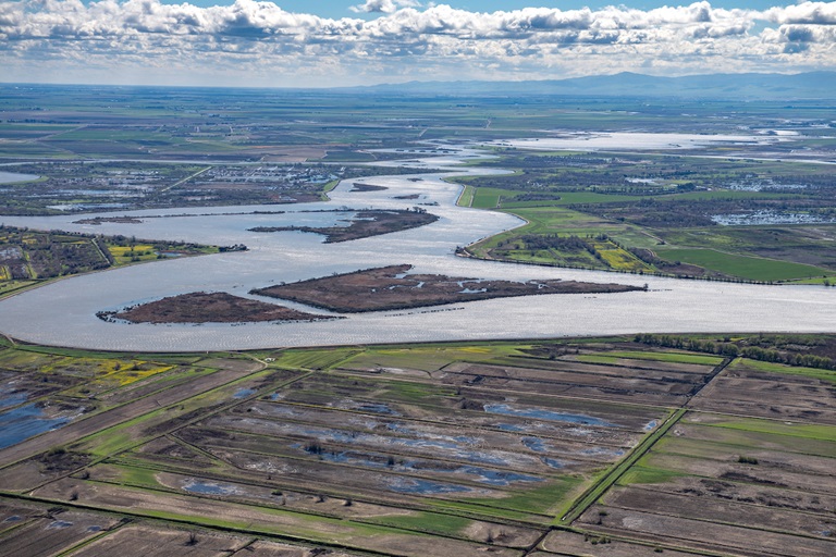 Aerial view of the Sacramento - San Joaquin Delta, looking east along the San Joaquin River.