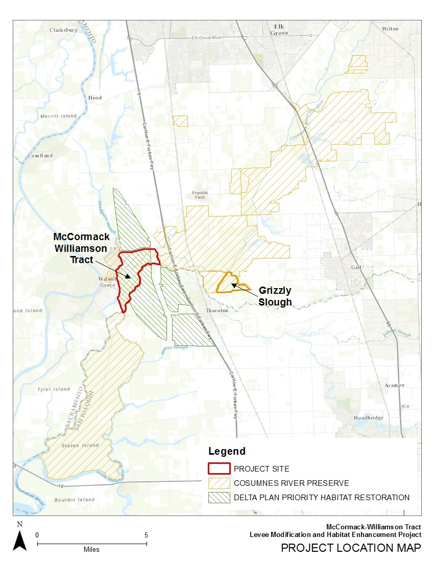 Map showing the location and boundary of the McCormack-Williamson Tract Levee Modification and Habitat Enhancement Project  near Walnut Grove, California. It also shows the extent of the Cosumnes River Preserve and Delta Plan Priority Habitat Restoration.  For more information, contact the program manager, Anitra Pawley, by  email at anitra.pawley@water.ca.gov.