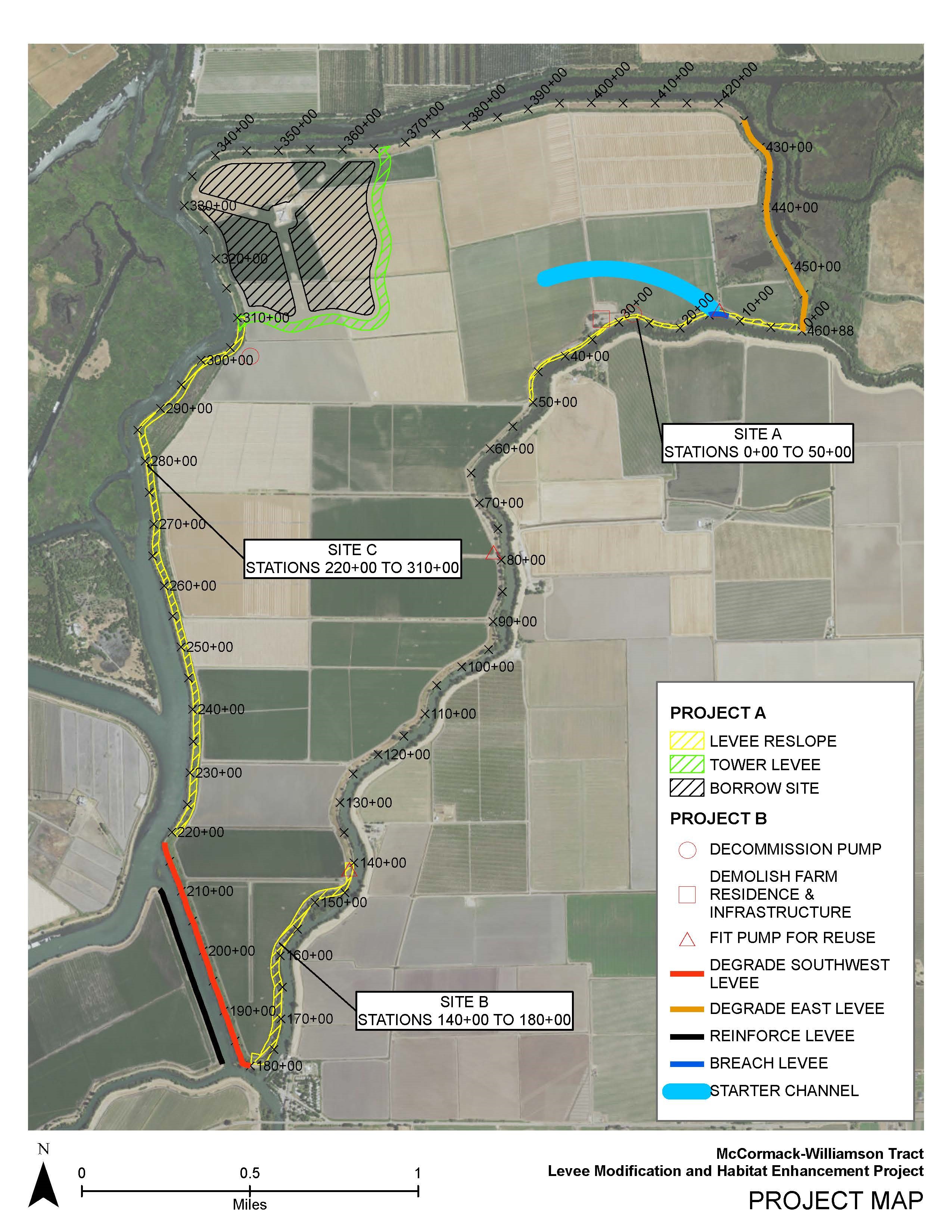 Map showing the project details about the McCormack-Williamson Tract Levee Modification and Habitat Enhancement Project near Walnut Grove, California. For more information, contact the program manager, Anitra Pawley, by email at anitra.pawley@water.ca.gov.