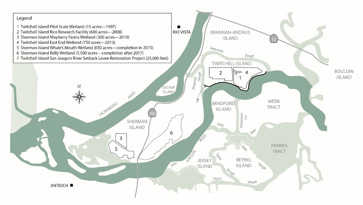 Map showing the locations of carbon sequestration and wildlife habitat projects on Twitchell and Sherman Islands in the Sacramento-San Joaquin River. For more information about the projects, please contact Bryan Brock by email at flood@water.ca.gov.