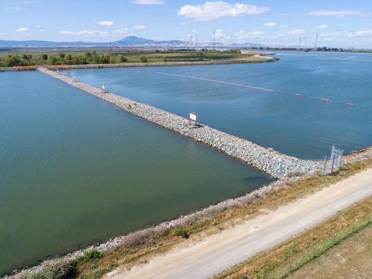 View of the Emergency Drought Salinity Barrier on the West False River near Oakley in the Sacramento-San Joaquin Delta in Contra Costa County, California. 