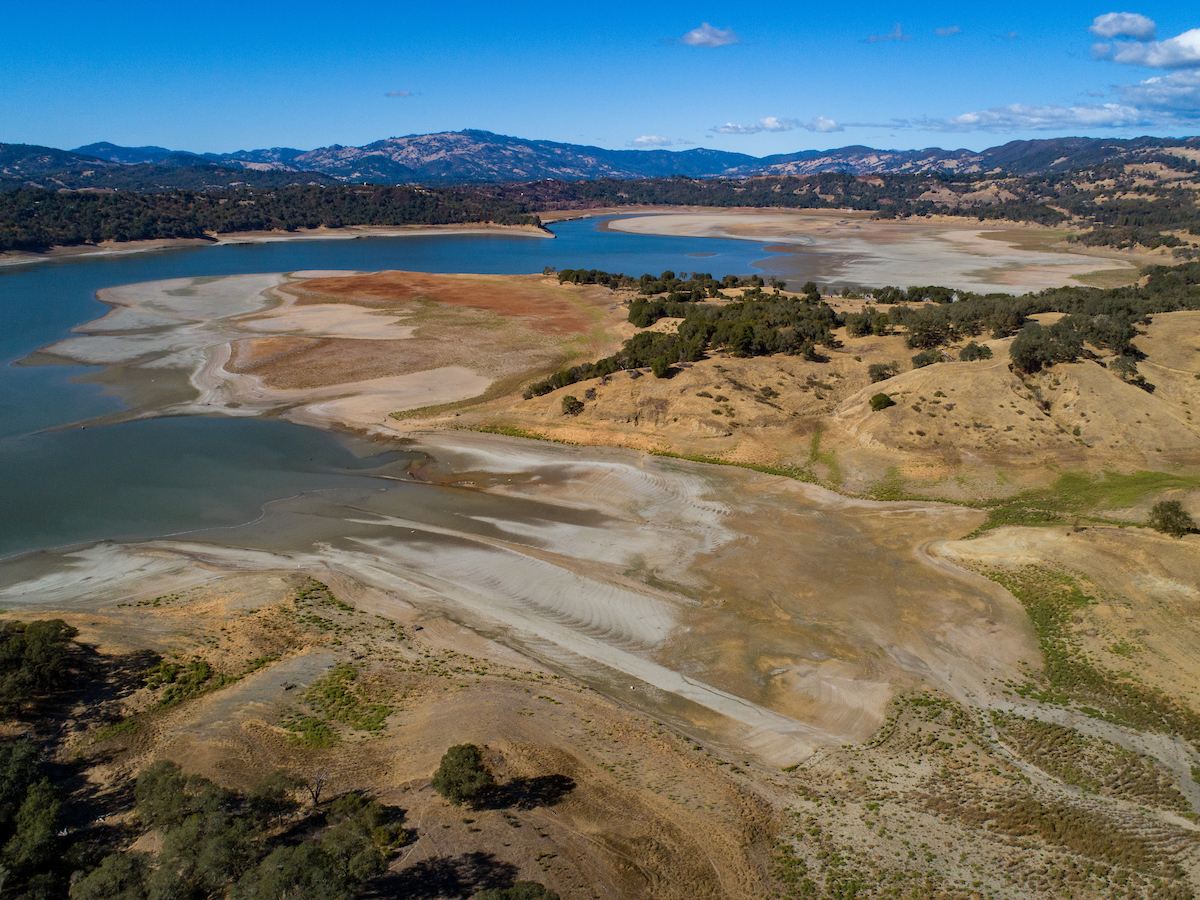 Low water levels at Lake Mendocino, a large reservoir in Mendocino County, California, northeast of Ukiah on October 13, 2021.