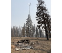 Remains of the U.S. Bureau of Reclamation’s Green Mountain snow sensor in the upper San Joaquin River watershed. The 2020 Creek Fire destroyed the sensor and weather station and the tower, although still upright, is unusable. 