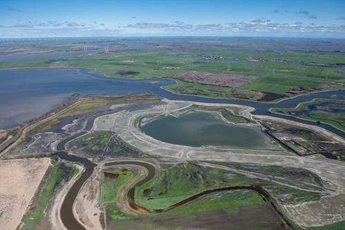 Aerial view at 1500 feet looking north of the Dutch Slough Tidal Marsh Restoration Project the construction site, in the Sacramento-San Joaquin Delta near Oakley, California. 