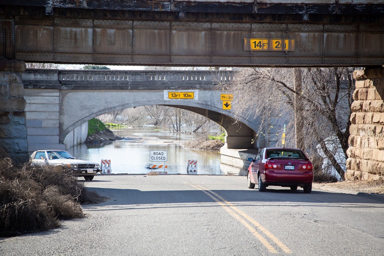 High water levels on the Tuolumne River close River Road in the city of  Modesto, California, part of Stanislaus County. Photo taken February 23, 2017.