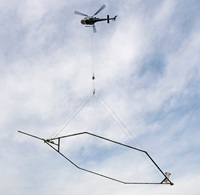 The helicopter transporting this AEM ring is seen near the Ukiah Regional Airport in Mendocino County, during this Airborne Electromagnetic Survey (AEM) of the area’s subterranean makeup.  Photo taken November 15, 2021.