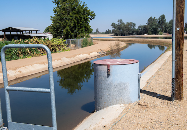 A view of key construction components, which included basin cells, levee keyway and embankments, basin inlet and piping, flowmeter, and perimeter fencing, during a ribbon cutting is held by the Fresno Irrigation District for the Savory Pond Expansion project in Fresno, California. 