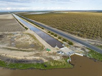 This groundwater recharge project’s headgates are seen on a bank of the Kings River is shown in this photograph taken via drone. Photo Taken March 13, 2023.
