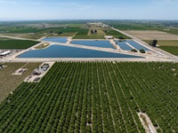 A drone view of Fresno Irrigation District's Lambrecht Basin which provides groundwater recharge and groundwater banking. Photo taken April 27, 2023.
