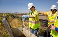 Engineering Geologists Sonja Dreuth (center) and Nicholas Vadpey from the California Department of Water Resources North Central Region Office, in the Division of Regional Assistance, collect groundwater quality samples using a no-purge bailer water sampling device at a monitoring well at the Sacramento Bypass in Yolo County. Student Assistant Guadalupe Ferreyra (right), who also monitors the well, lends support. Photo taken August 30, 2024.