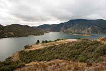A view from the California Department of Water Resources Vista Del Lago Visitor Center located on a bluff overlooking Pyramid Lake in Los Angeles County. 