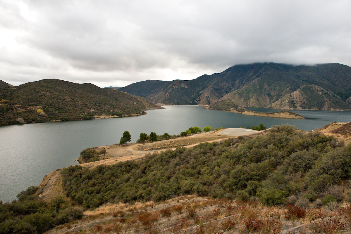 A view from the California Department of Water Resources Vista Del Lago Visitor Center located on a bluff overlooking Pyramid Lake in Los Angeles County. 