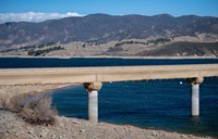 Bird netting covers a bridge to allow for seismic retrofit work at Castaic Lake in Los Angeles County