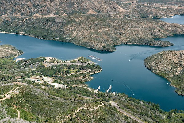 Aerial view looks northwest toward Silverwood Lake and Silverwood Lake Marina.