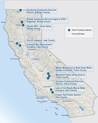 map of  California showing Small Community Drought Relief Program grant recipients 