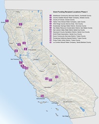 Map of California showing fourth round of funding locations through the Small Community Drought Relief program.