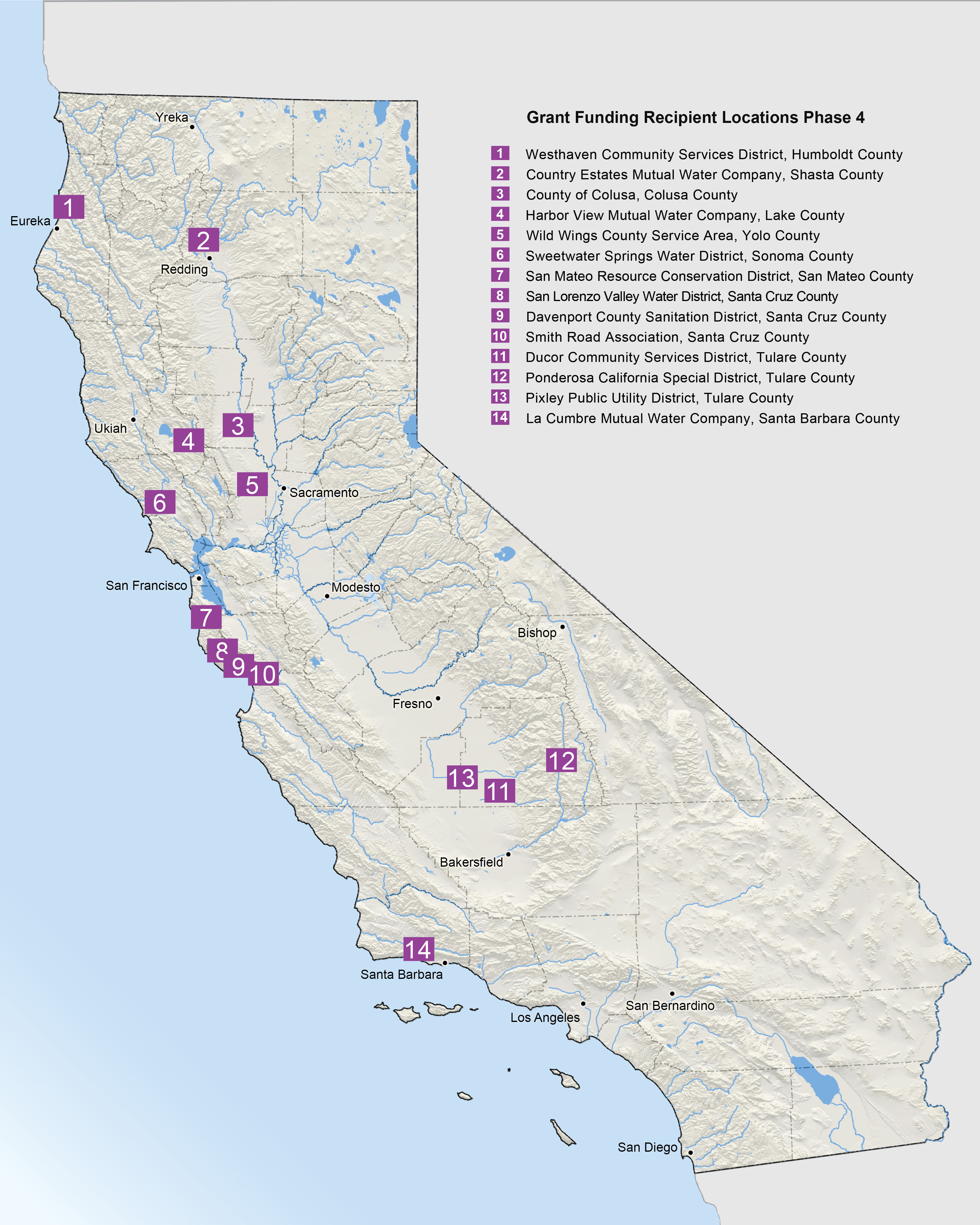 Map of California showing fourth round of funding locations through the Small Community Drought Relief program.