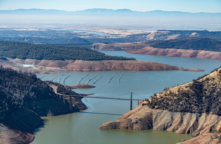 An aerial view of Bidwell Bar Bridge and Lake Oroville. Photo taken 28 October, 2021.