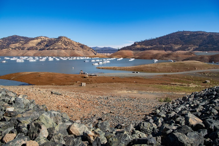 Lake Oroville at Bidwell Canyon Marina at an elevation of 659.98 feet, 28 percent of total capacity, on October 29, 2021