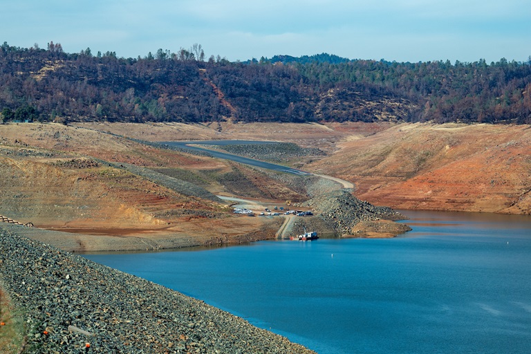 Lake Oroville at Oroville Dam Boat Launch at an elevation of 659.98 feet, 28 percent of total capacity or 54 percent of average capacity for this time of year, on October 29, 2021