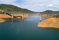 An aerial drone view of West Branch Feather River Bridge over Lake Oroville in Butte County on May 6, 2022.
