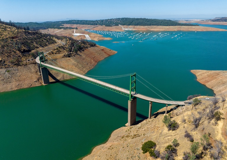 An aerial drone view at Bidwell Bar Bridge showing Lake Oroville on August 4, 2022